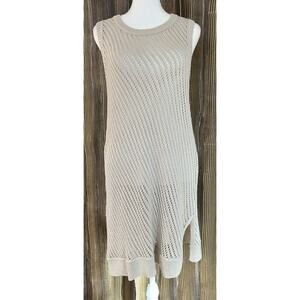 Vince Crochet Mesh Open Knit Dress Sleeveless Beige Minimalist Coastal Size M